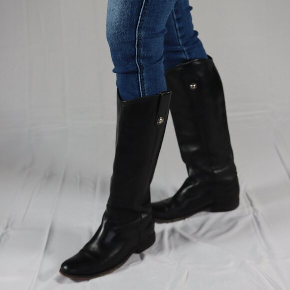 Frye 6-1/2" Genuine Black Leather Knee High Riding Boots with Low Heel - Picture 5 of 11